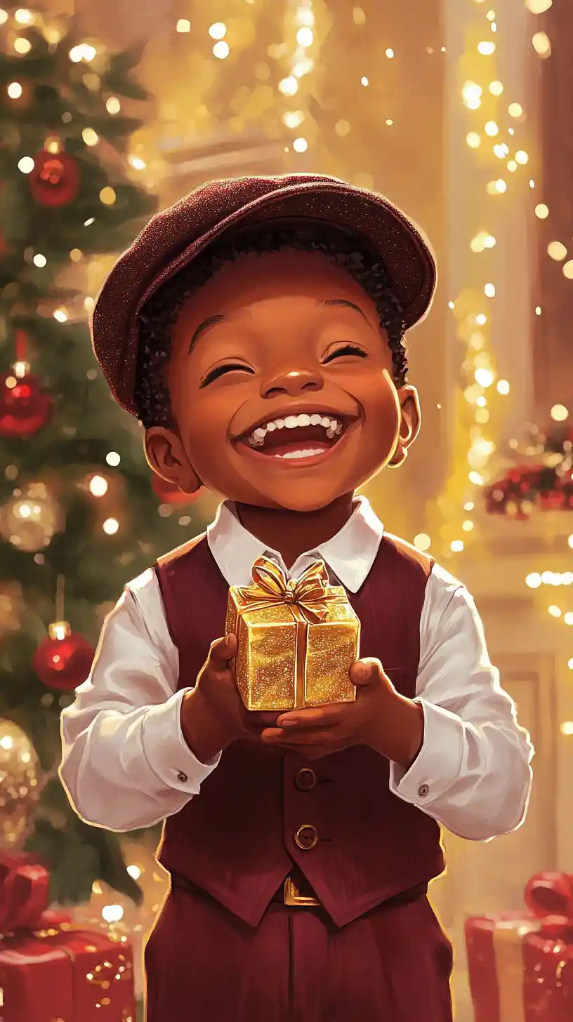 Laughing boy holding Christmas gift in vintage living room