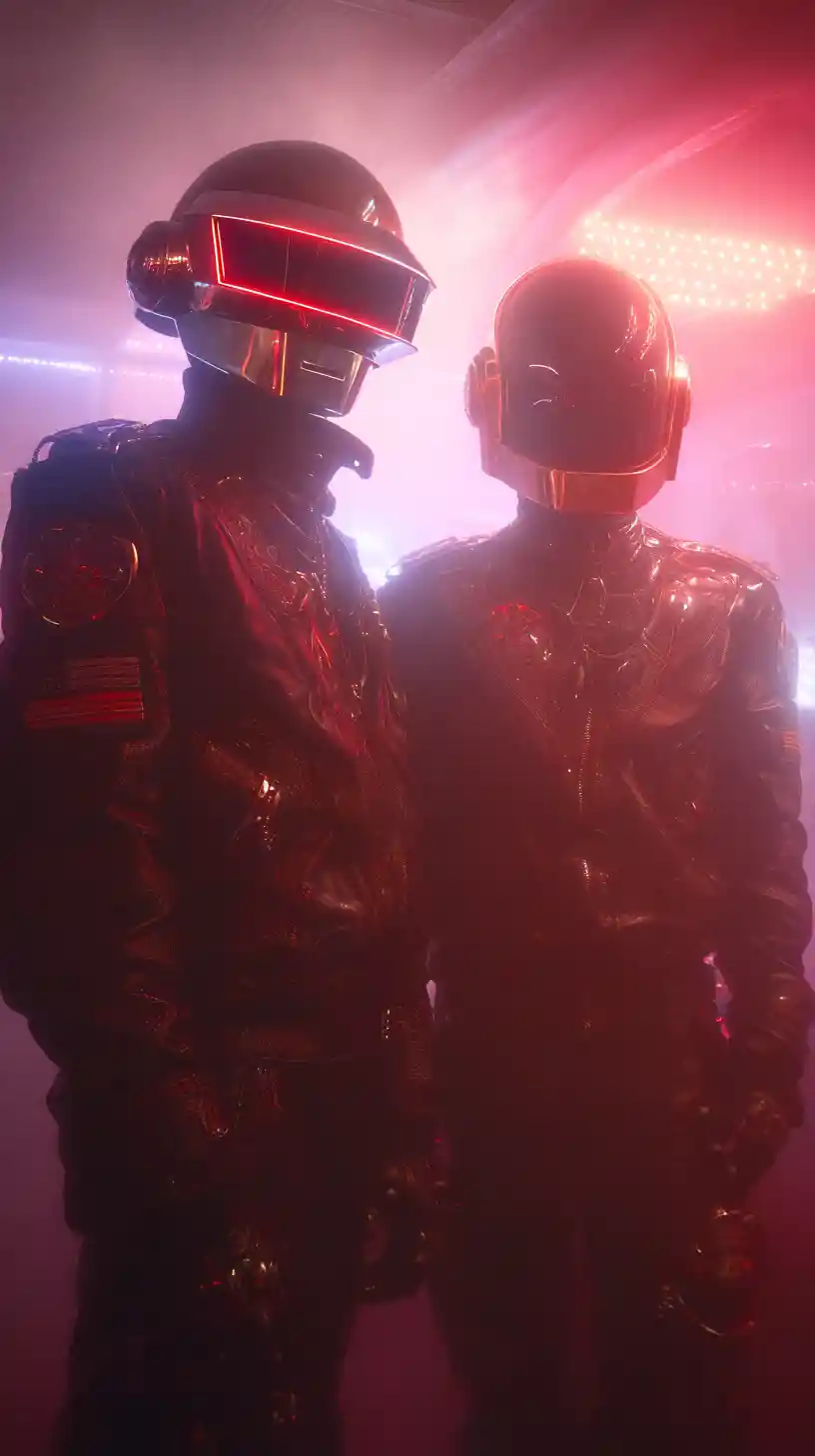 Helmeted electronic music duo in neon paris nightclub
