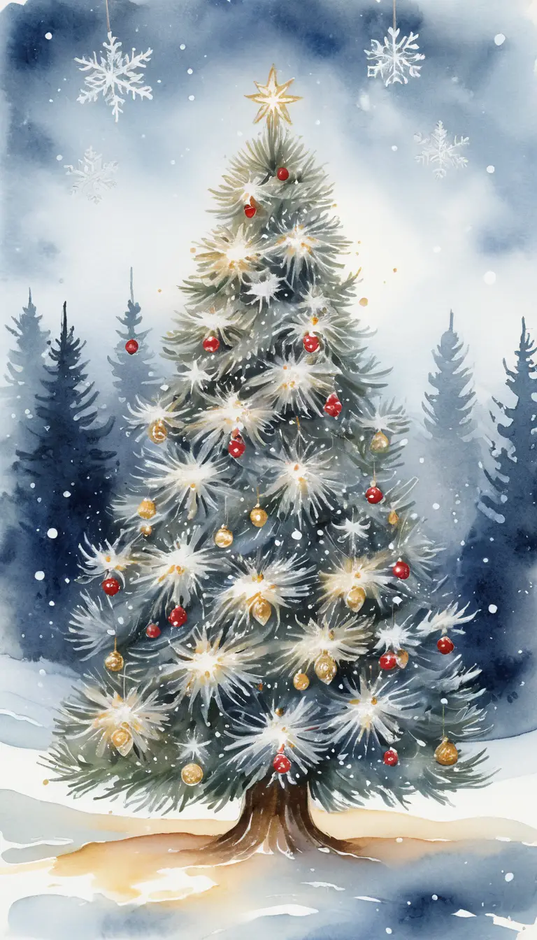 Watercolor Christmas Tree With Snowflakes And Golden Lights