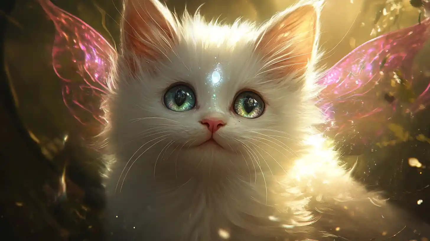 Cute white kitten with fairy wings in twilight forest