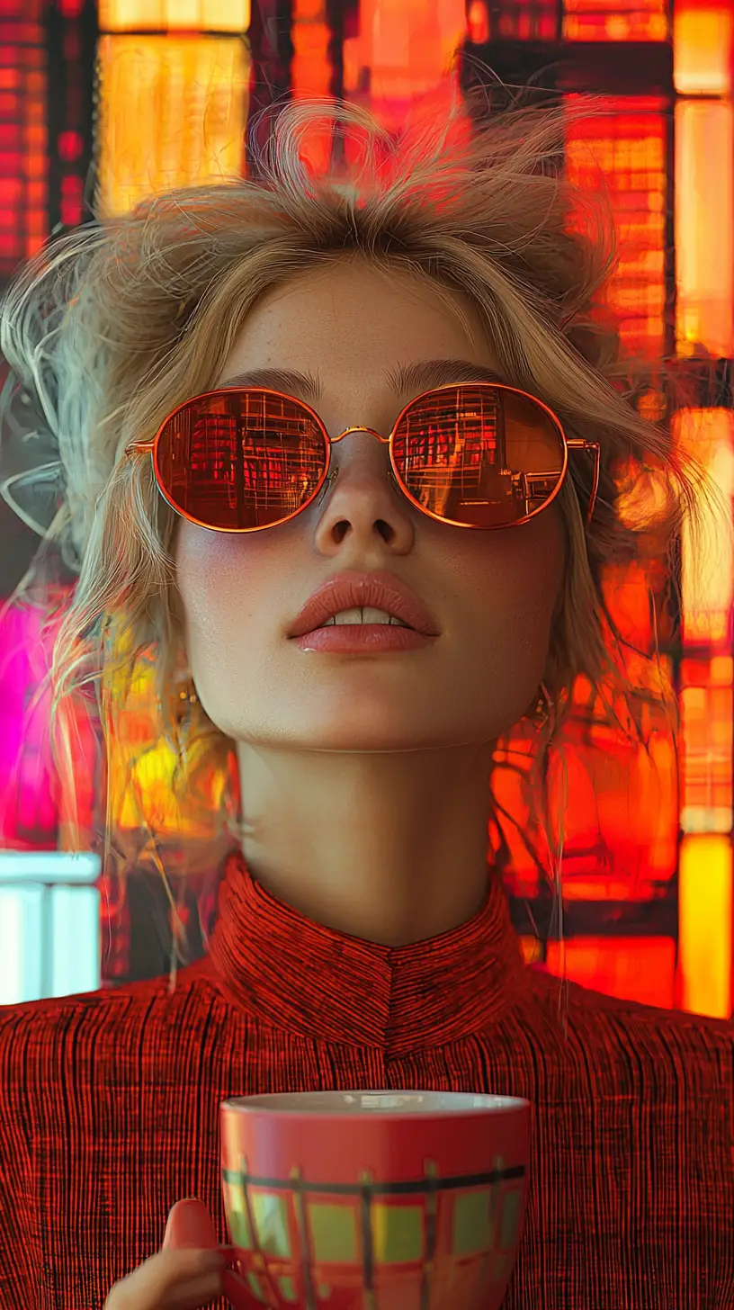 Young woman with coffee against vibrant abstract city art