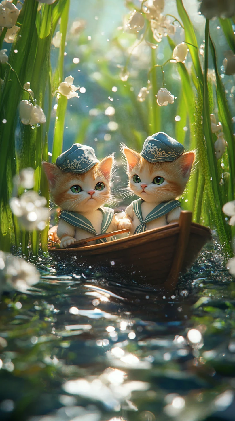 Mininos marineros diminutos jugando con un barco de juguete en primavera