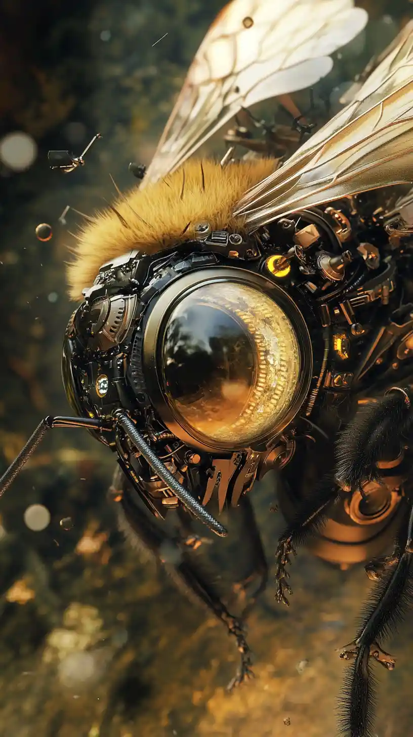 Dystopian cybernetic bee rising over a surreal horizon