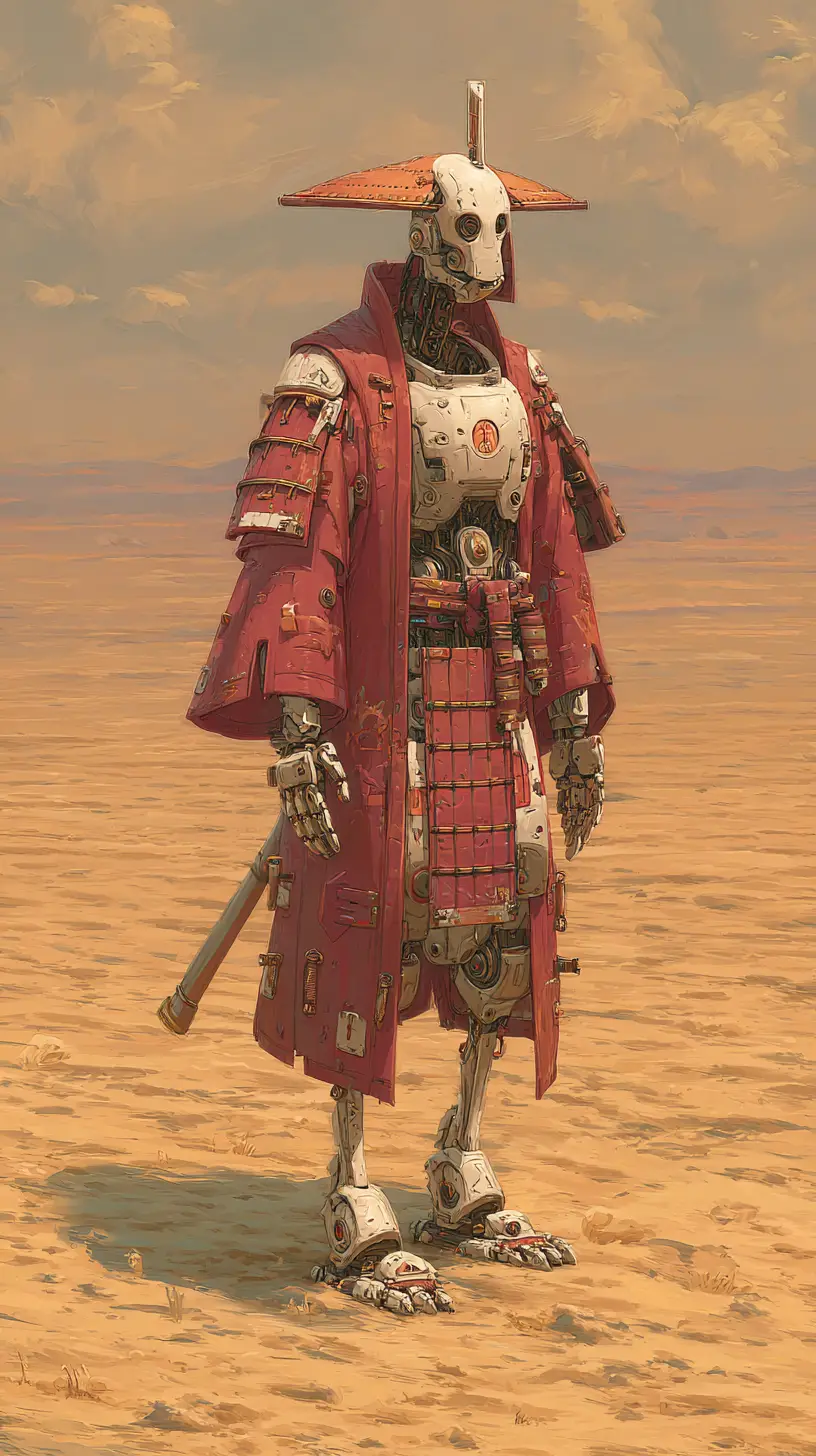 Samurai Robot In Robe Standing Alone In Desert Sands