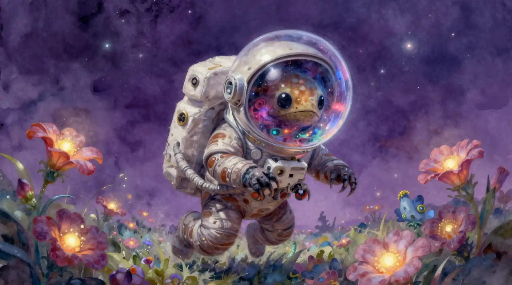 Tardigrade Astronaut Floating Among Glowing Alien Flowers
