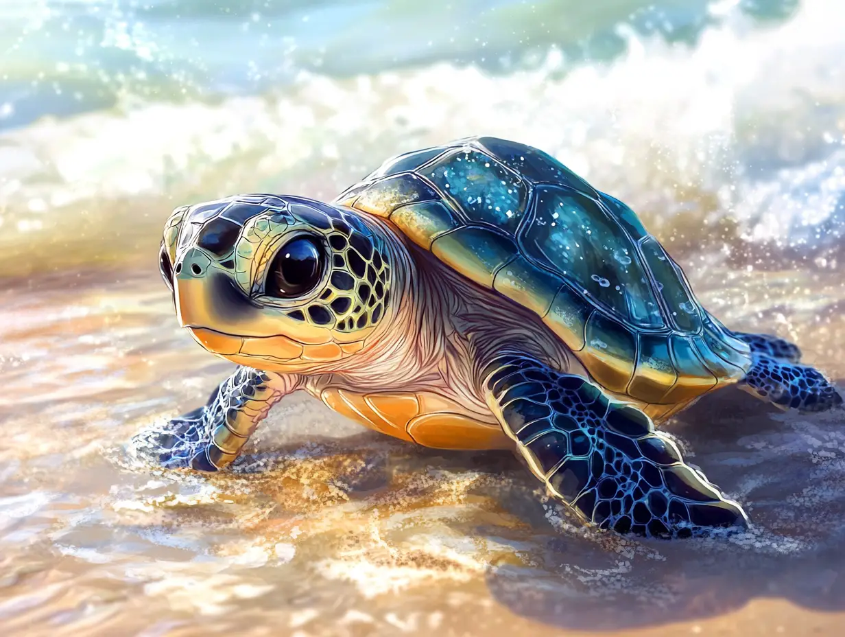 Cute baby sea turtle with big realistic eyes