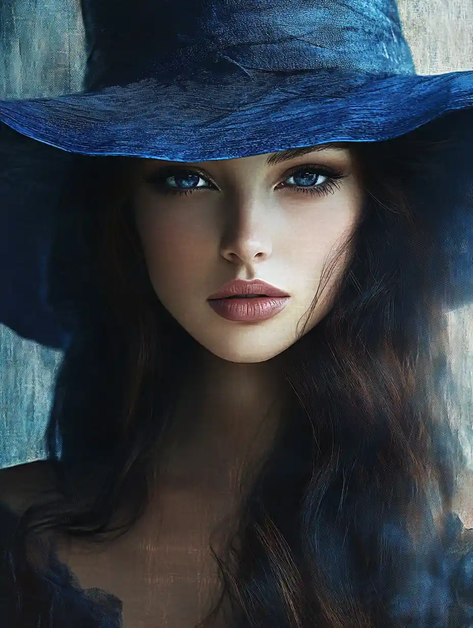 Mysterious woman in blue hat with shadowed face portrait