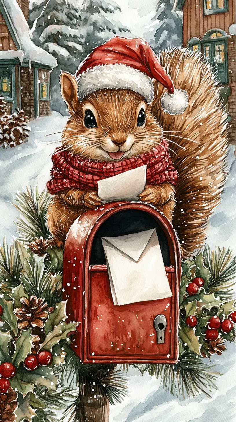 Cute santa squirrel on rustic red christmas mailbox