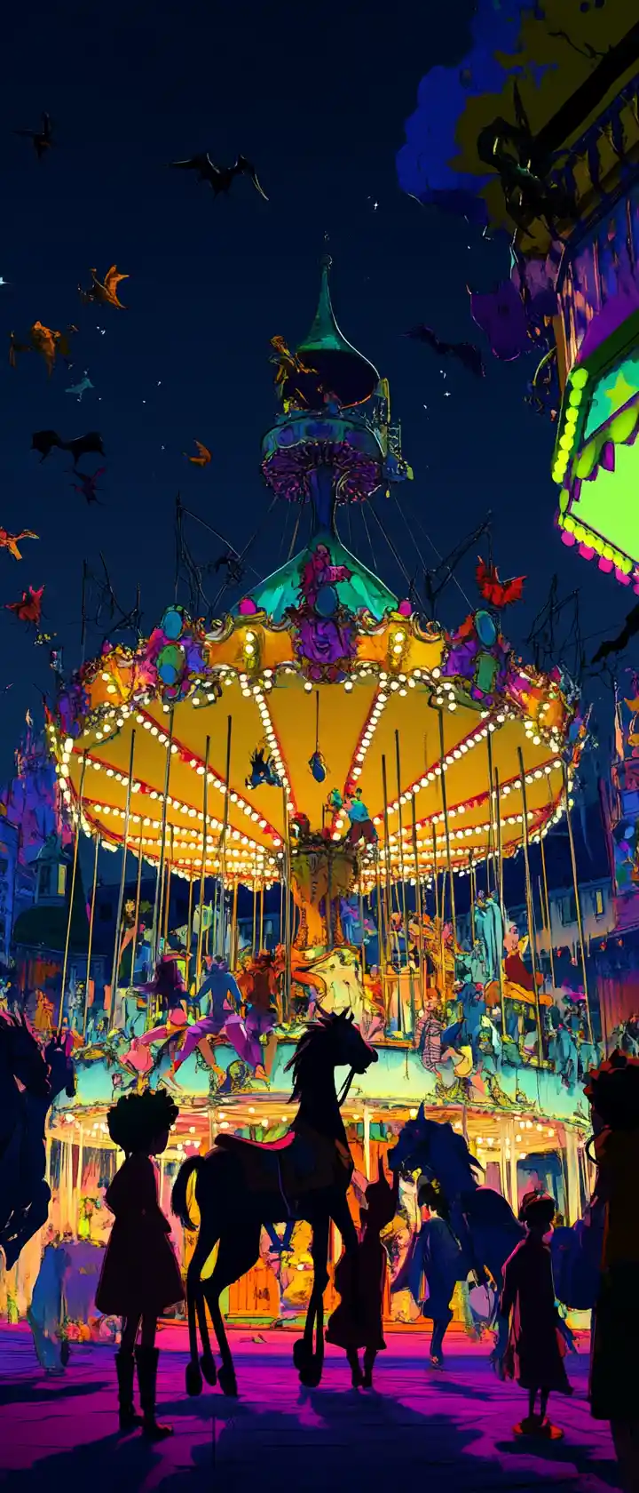 Twisted carnival carousel with surreal screaming animals