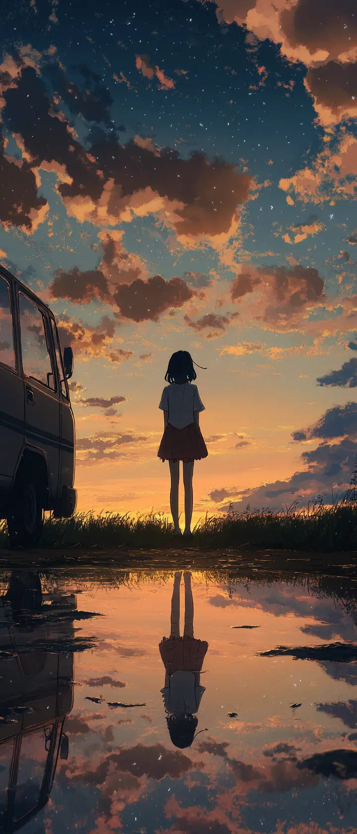 Ghostly anime girl reflected at sunset sky