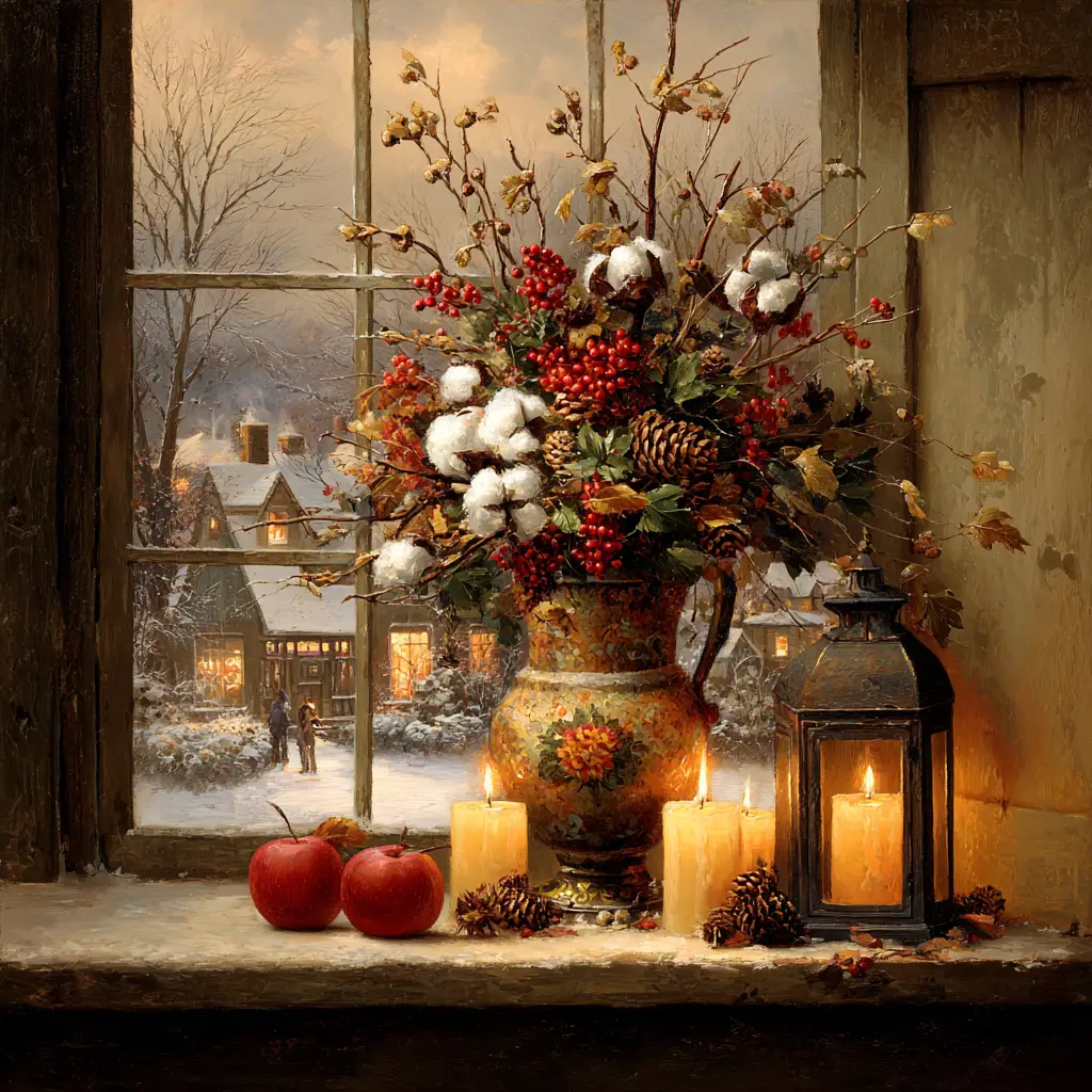 Cozy Winter Still Life In A Candlelit Window
