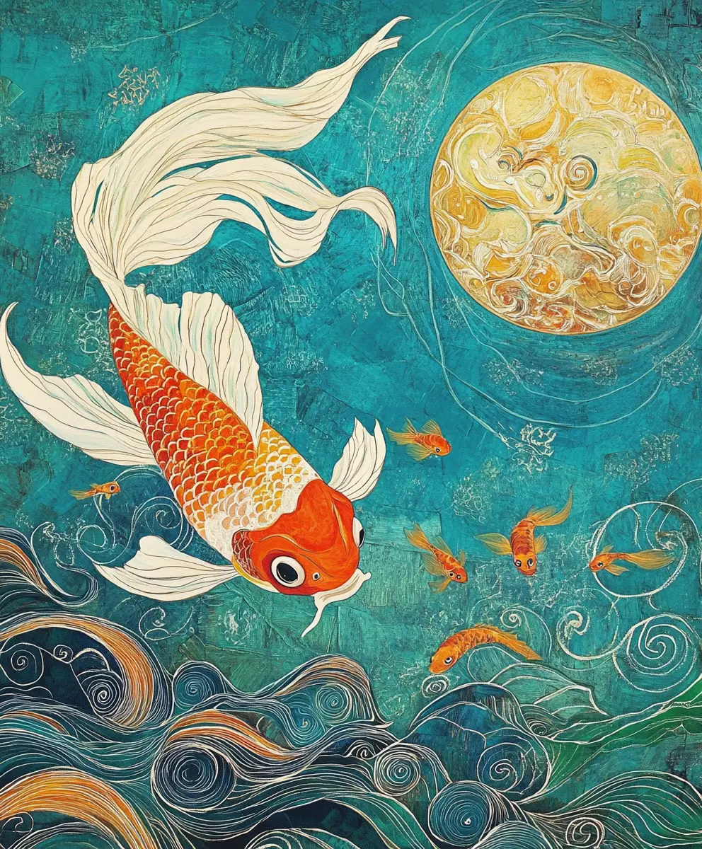 Magical goldfish chasing river fleas under cherry moon