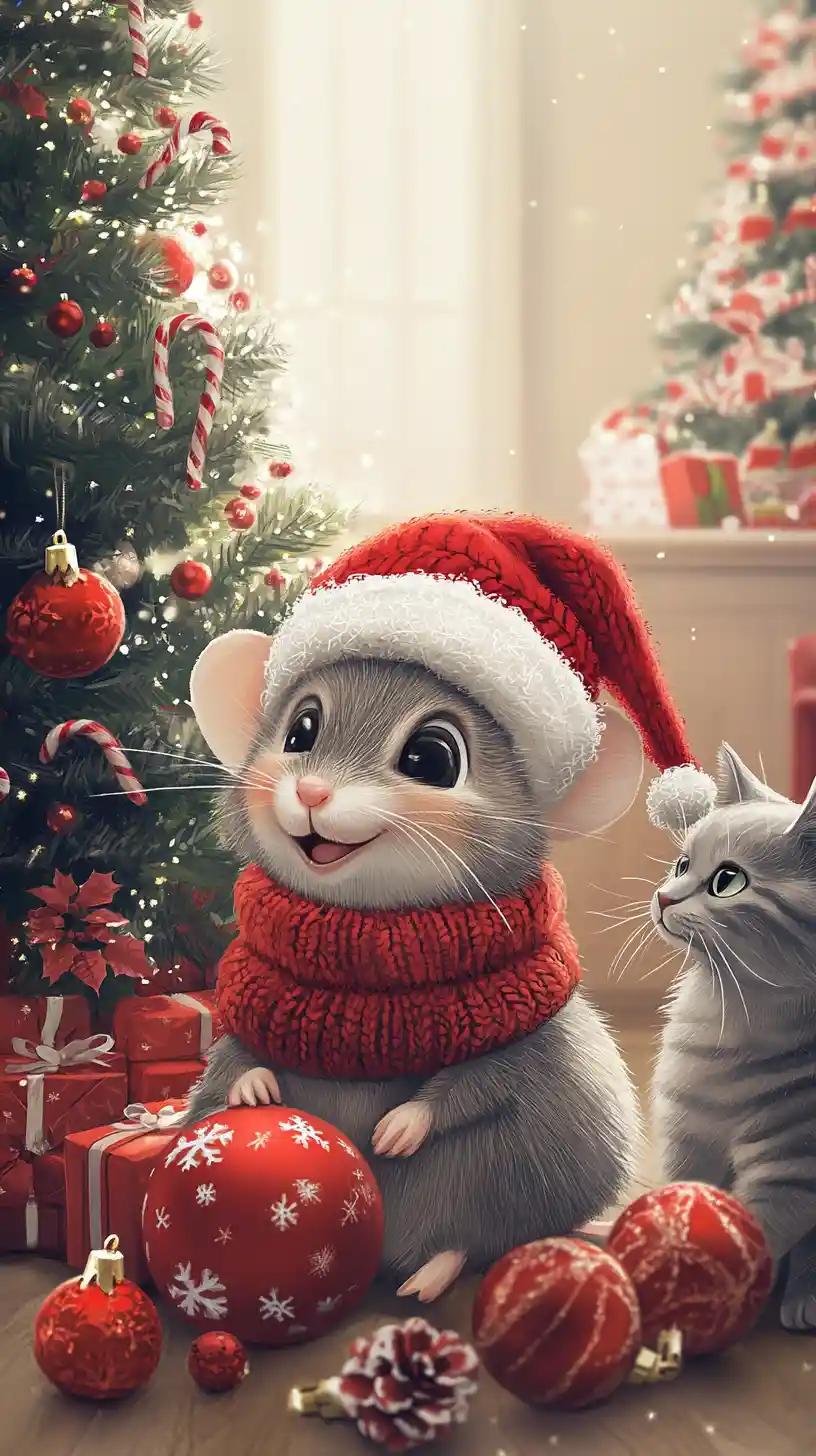 Topolino e gatto felici accanto a un albero di Natale luminoso