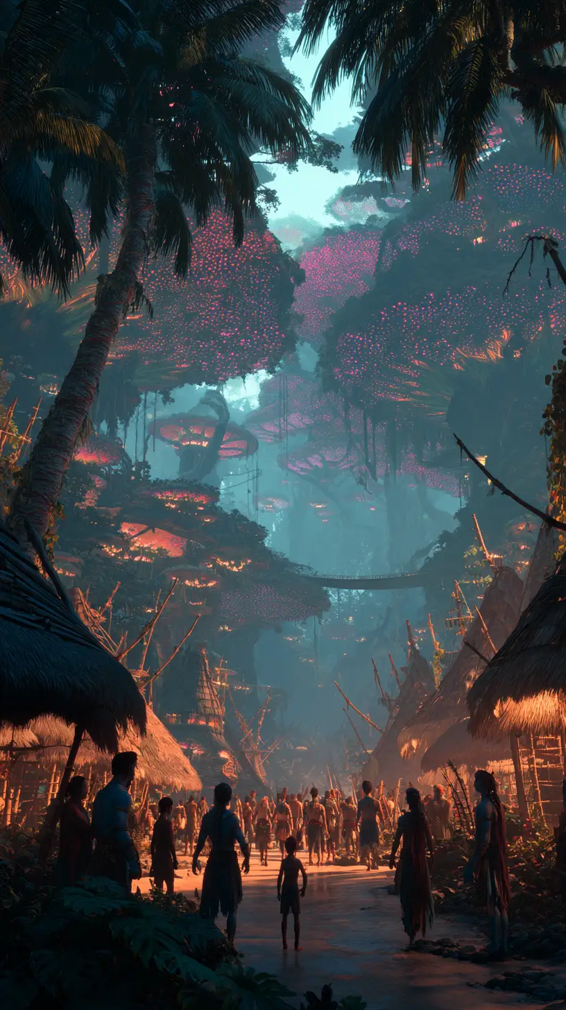 Wide jungle village with alien families and warriors