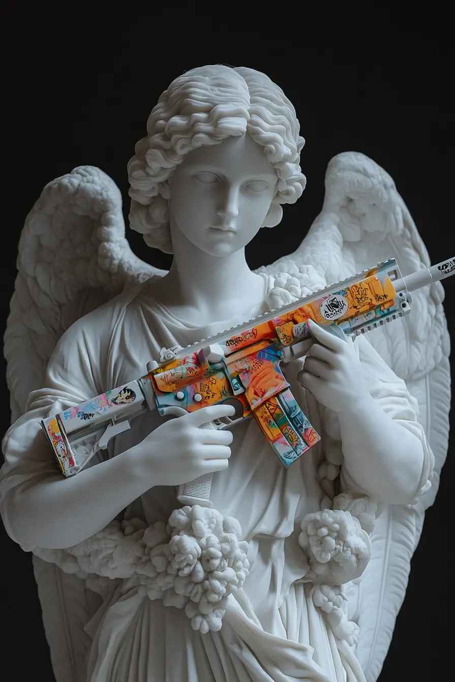 Close up marble angel statue holding colorful rifle