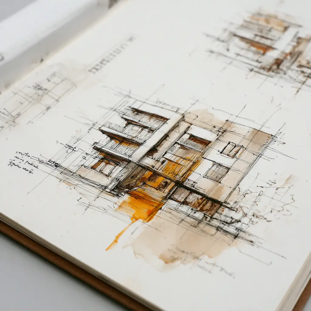 Architectural ink sketch of buildings and interior perspectives