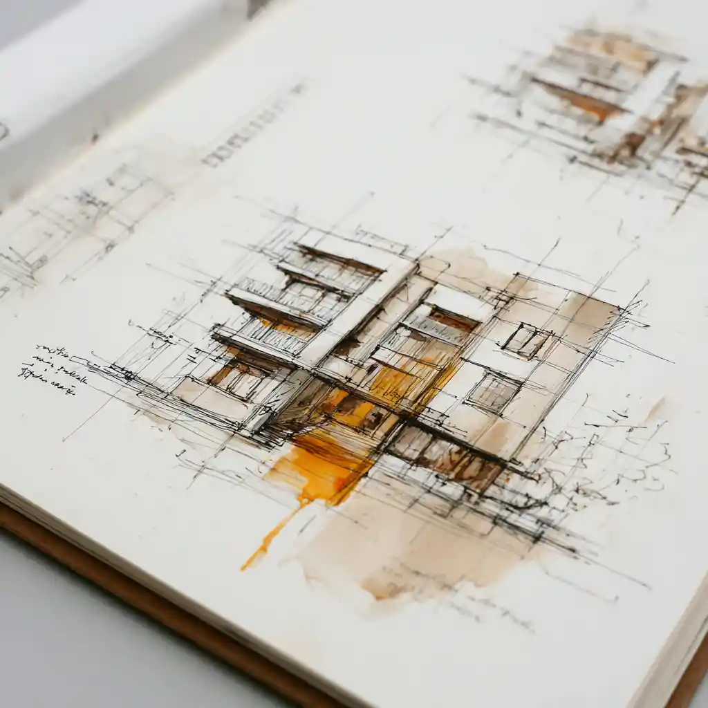 Architectural ink sketch of buildings and interior perspectives