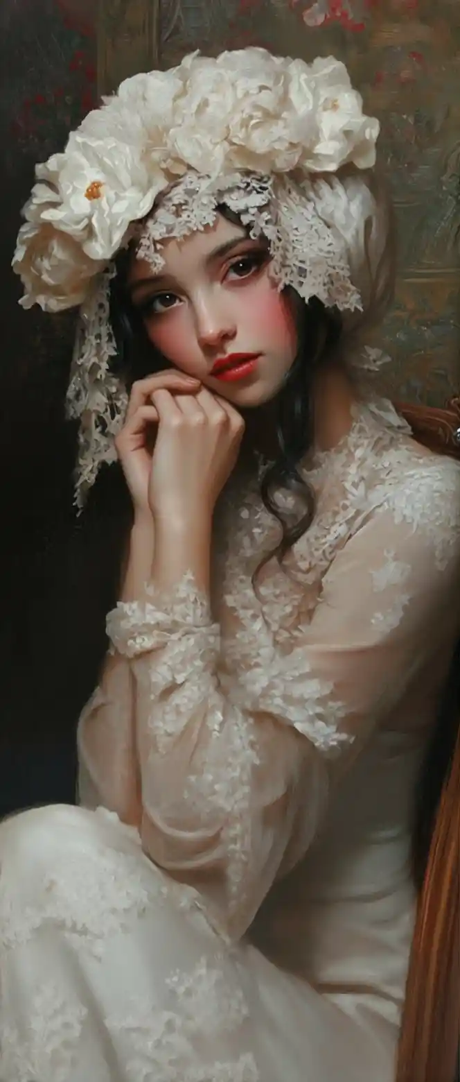 Woman with folded hands and white flowers on her head