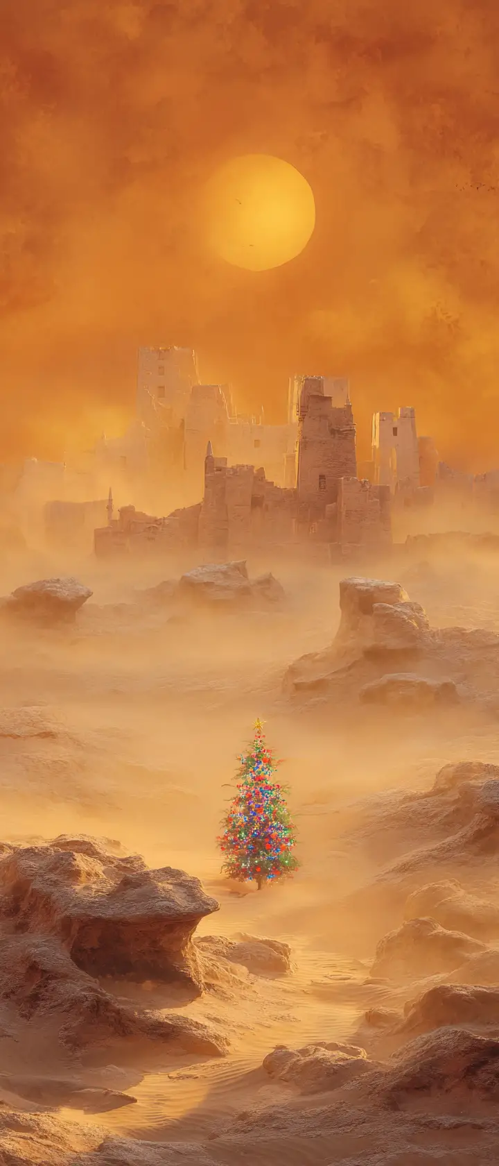 Surreal Desert Ruins With Glowing Christmas Tree