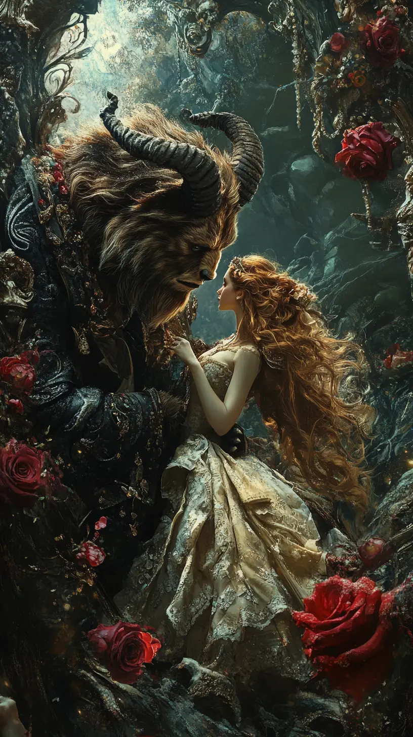 Surreal illusion of beauty and beast in fantasy scene