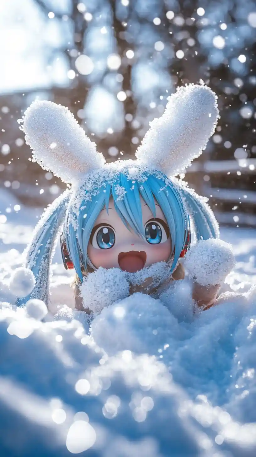 Joyful blue haired girl popping from deep winter snow