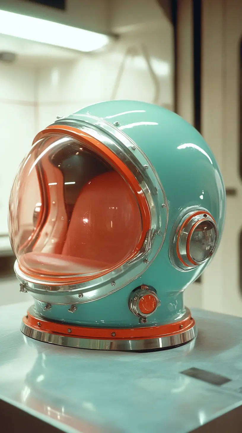 Retro astronaut helmet on futuristic table by spaceship window