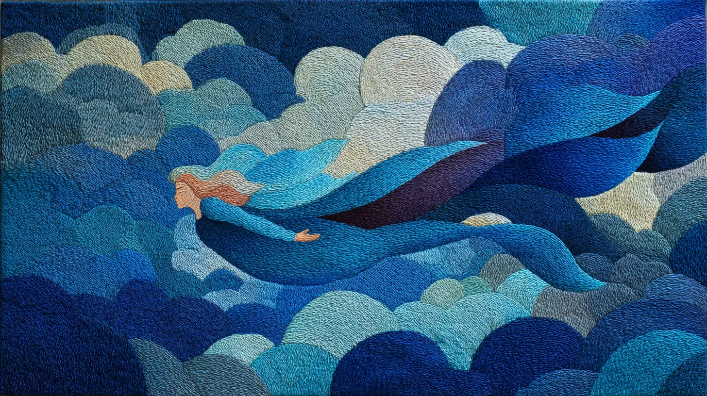 Surreal mermaid floating in a dreamy underwater sky