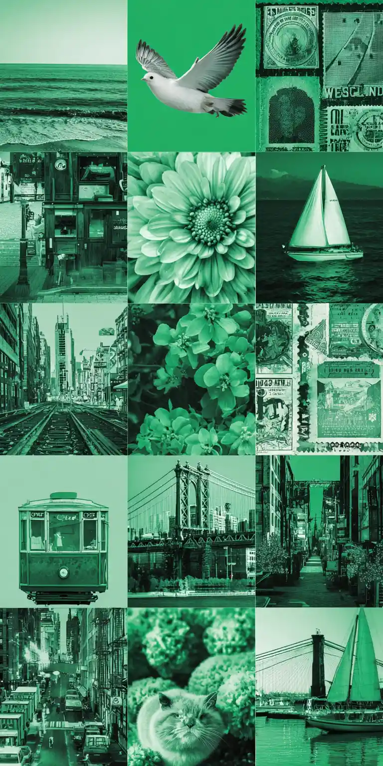 Collage Of Urban And Travel Icons In Stencil Greens