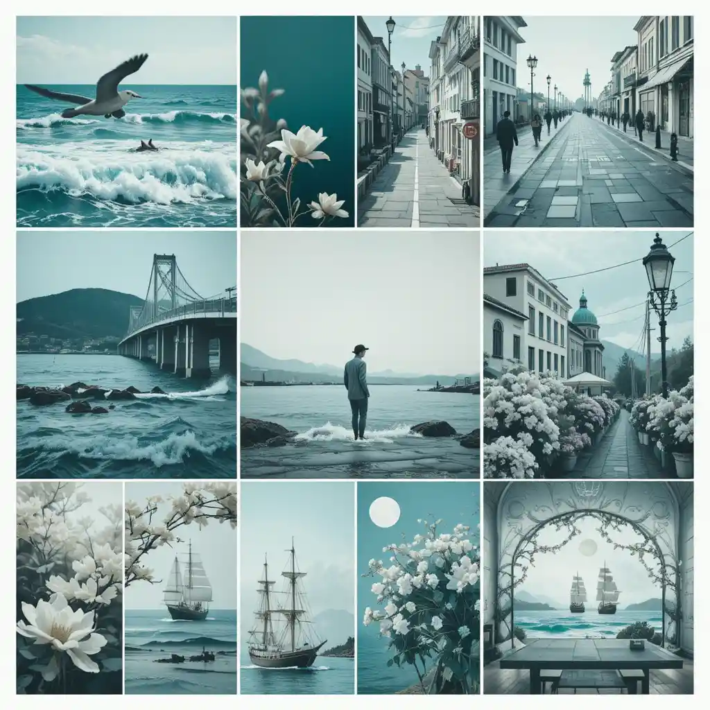 Modern teal photo collage in a clean square grid layout