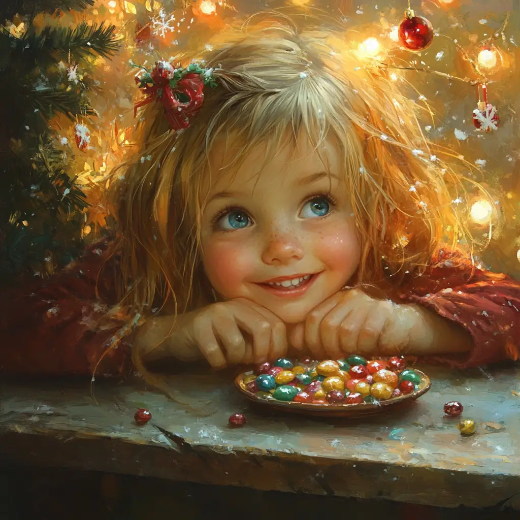 Smiling girl admiring a colorful Christmas candy dish