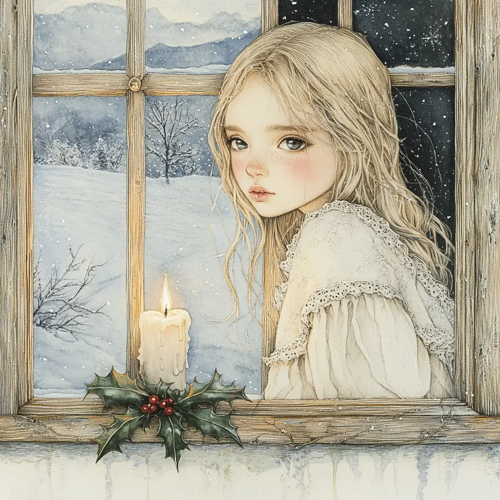 Niña con vela en ventana helada en suave acuarela