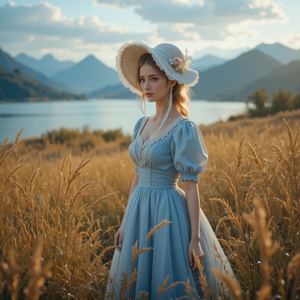 Jeune femme en robe bleue au bord d’un lac doré