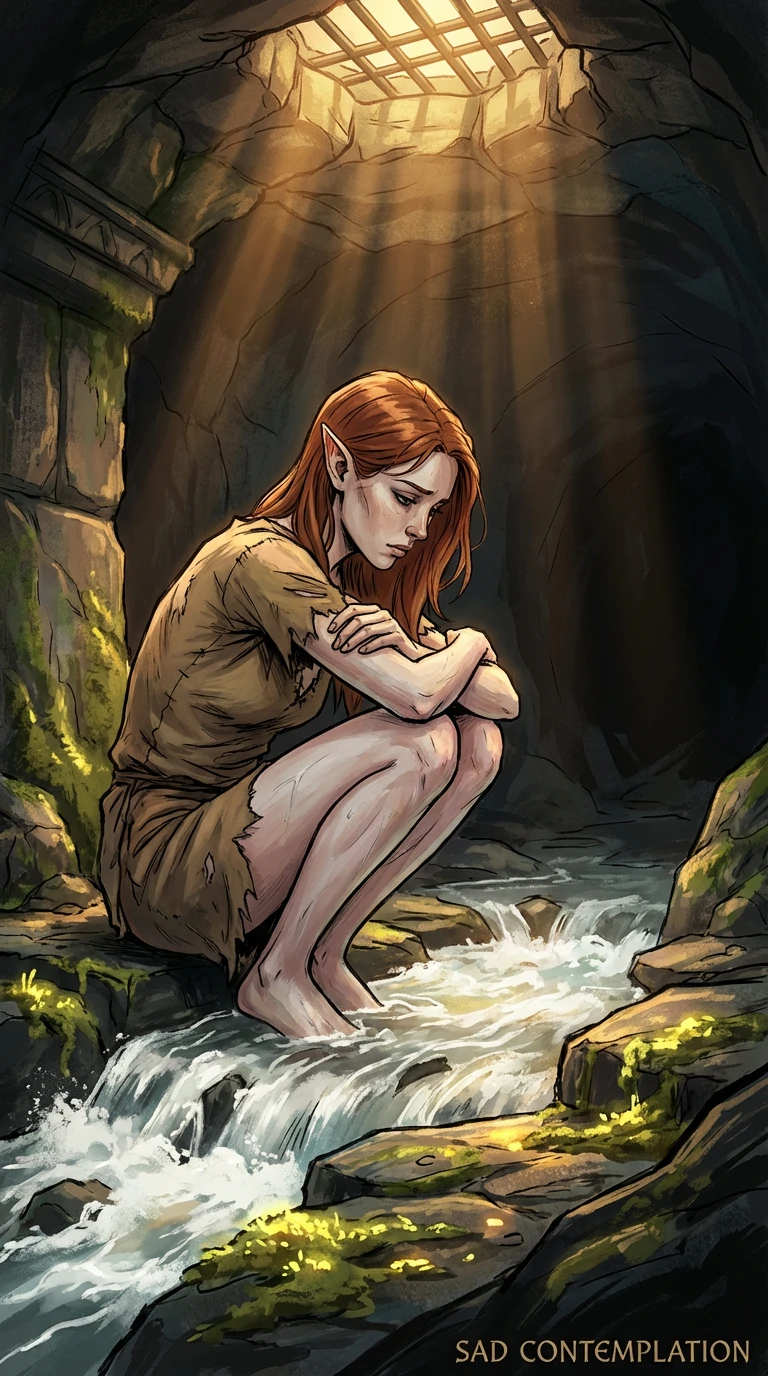 Elf woman squatting in golden light within carved stone