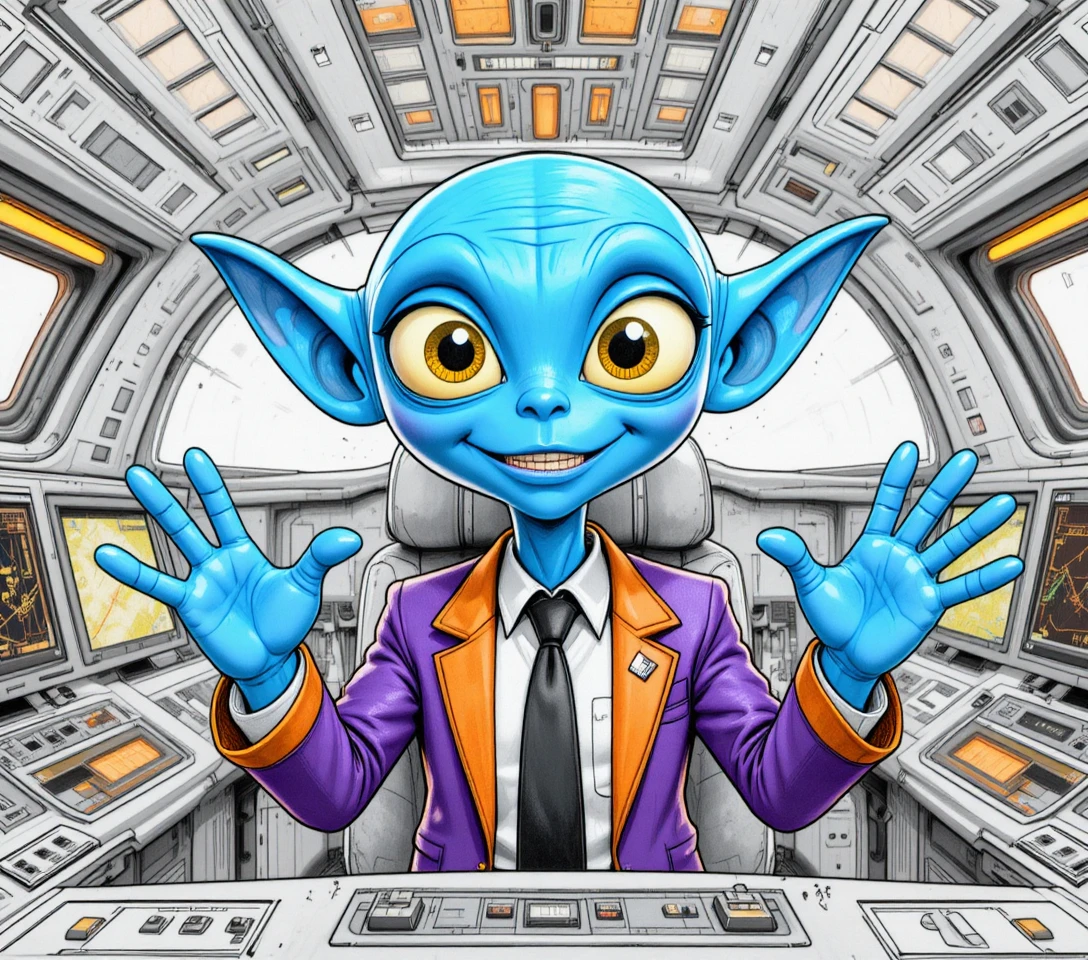 Cheerful blue alien pilot in a glowing spaceship cockpit