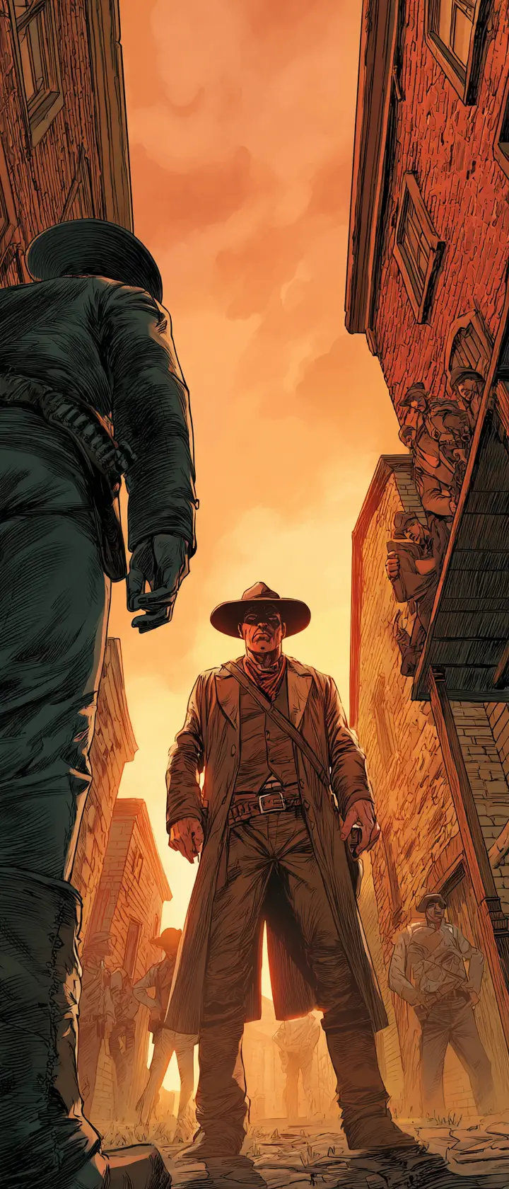 Tense cowboy duel on a dusty western town street