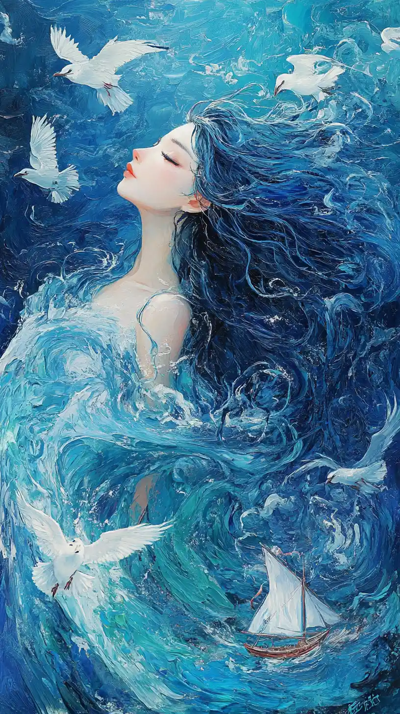 Woman with blue hair merging into a tranquil fantasy sea