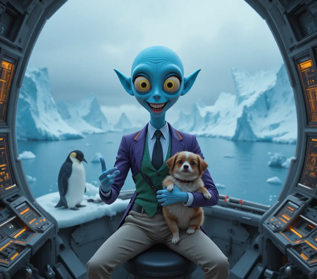 Friendly blue alien pilot in a glowing spaceship cockpit