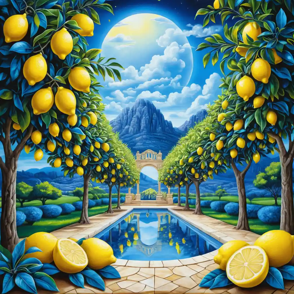 Surreale Zitronenbäume in einer glänzend blauen Sommertraumlandschaft