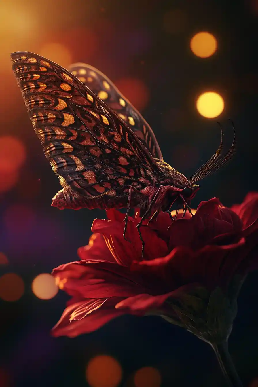 Close up hawk moth on twisted crimson flower in darkness