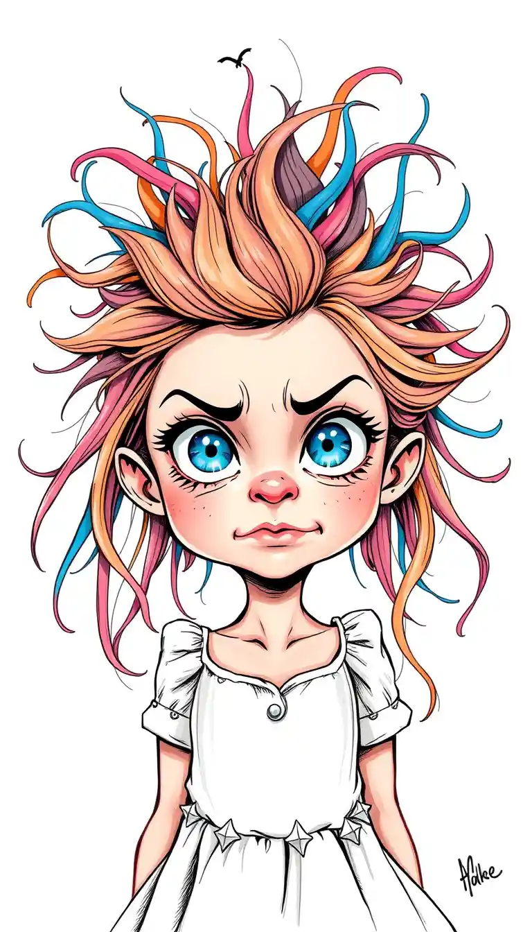 Playful toddler girl with rainbow hair making a cheeky face