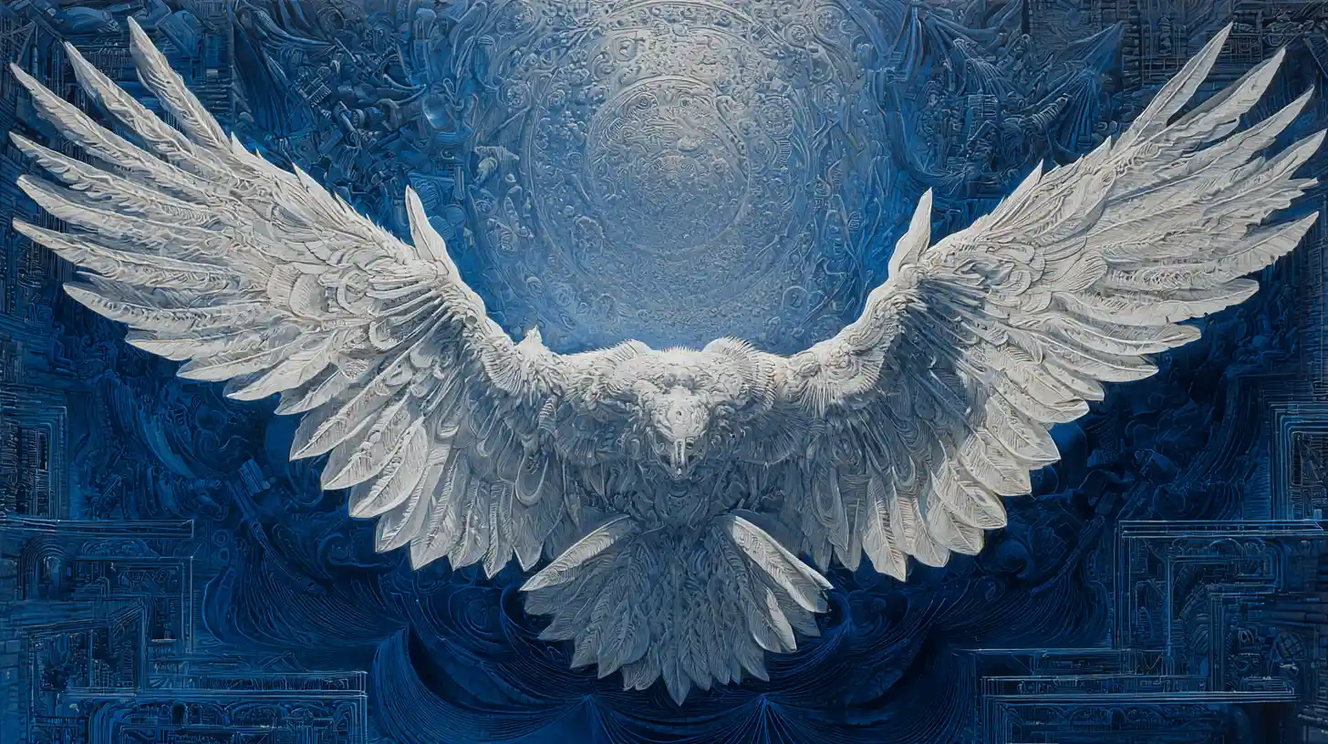 Angel of light descending from a surreal celestial realm