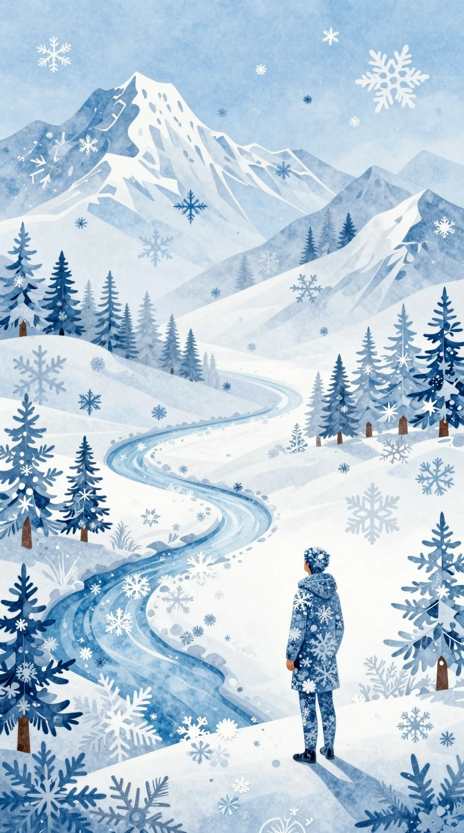 Panoramic Snowflake Landscape With Lone Crystal Figure