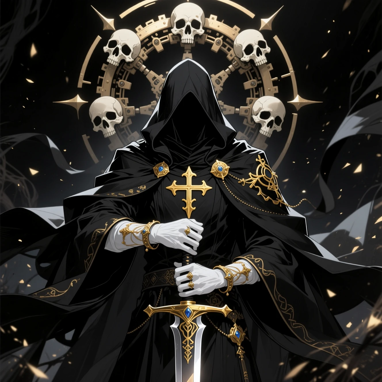 Hooded dark fantasy figure with sword and mechanical halo