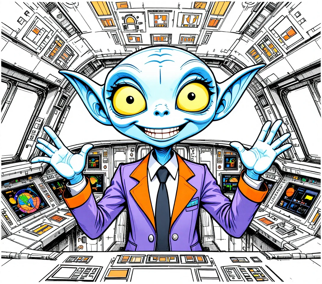 Friendly blue alien captain in a glowing spaceship cockpit