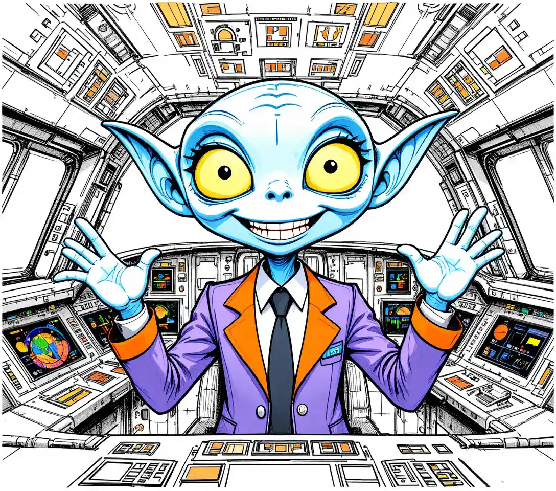 Capitán alienígena azul amistoso en la cabina brillante de una nave espacial
