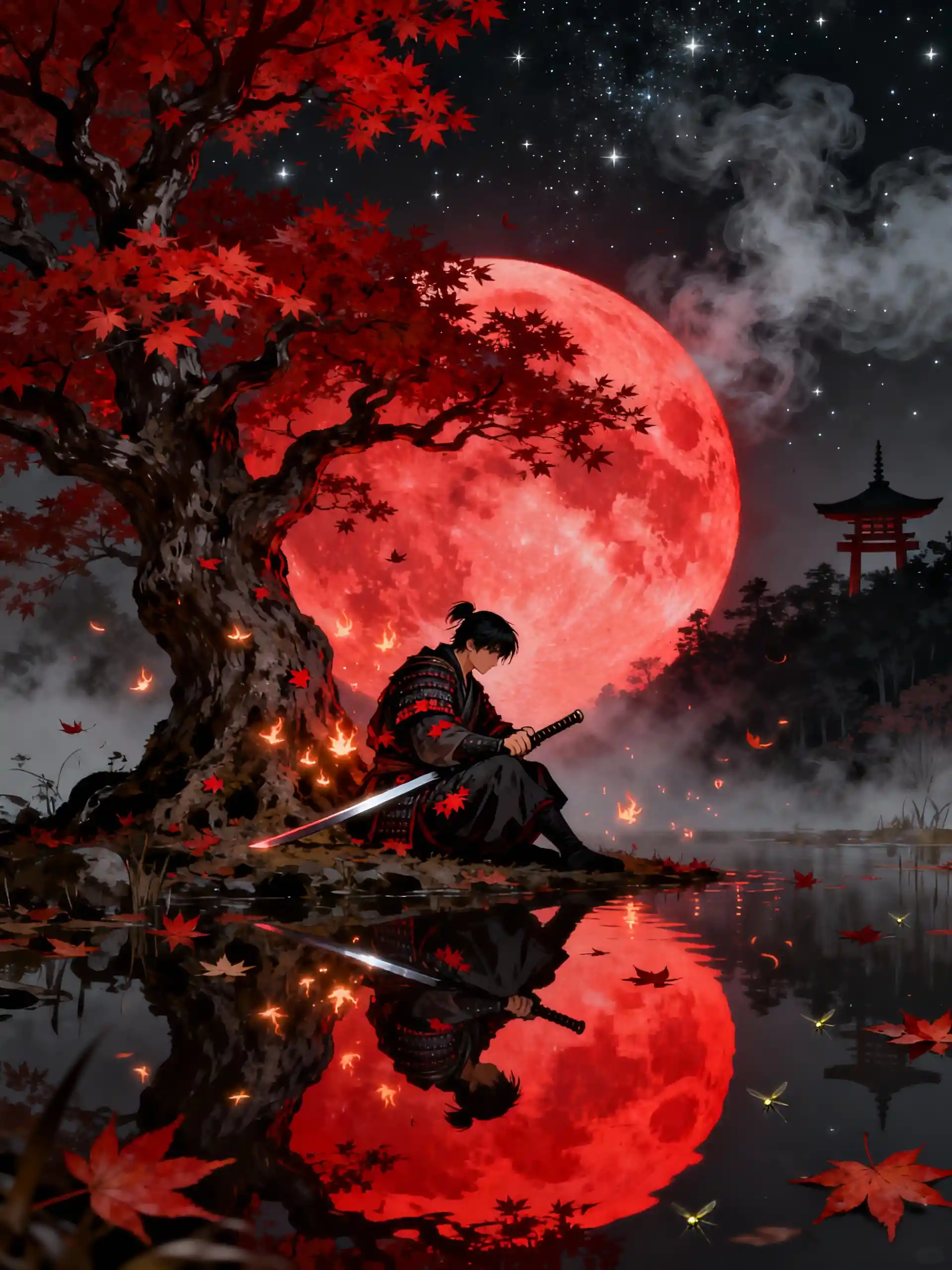 Lone samurai resting beneath crimson maple tree at night