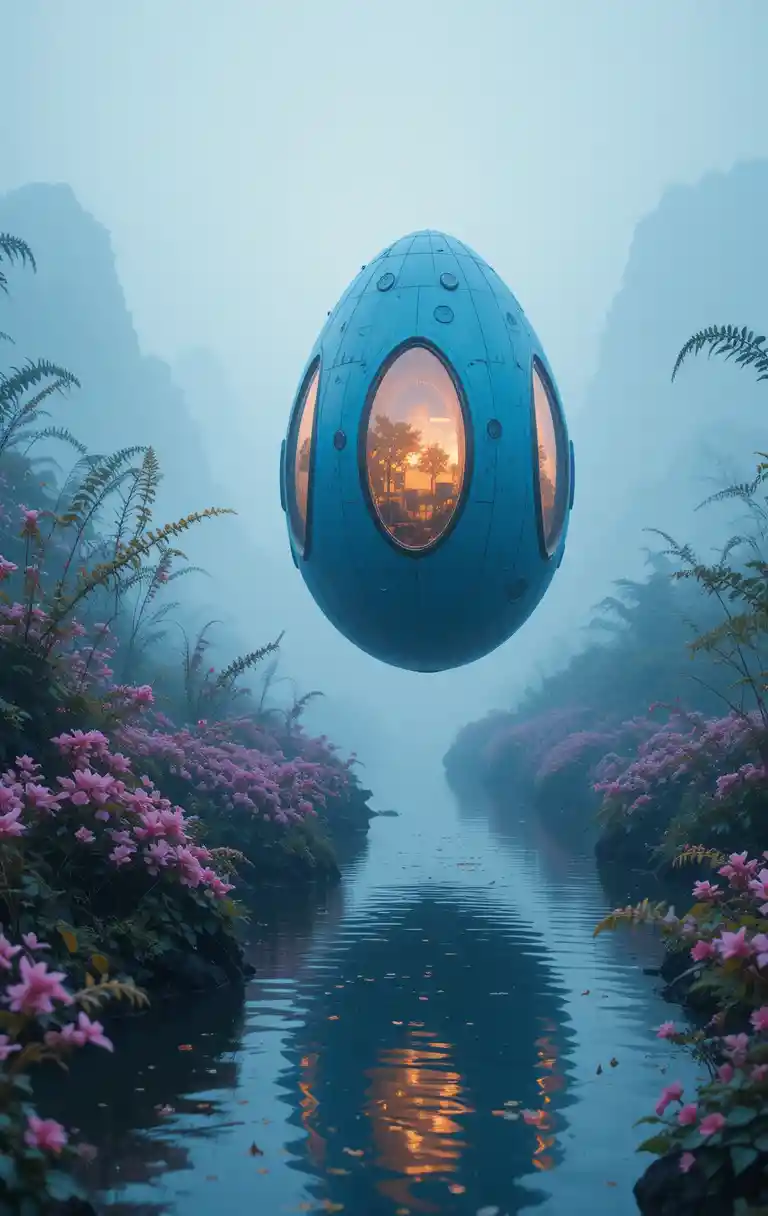 Casa futurista azul en forma de huevo flotando sobre río neblinoso