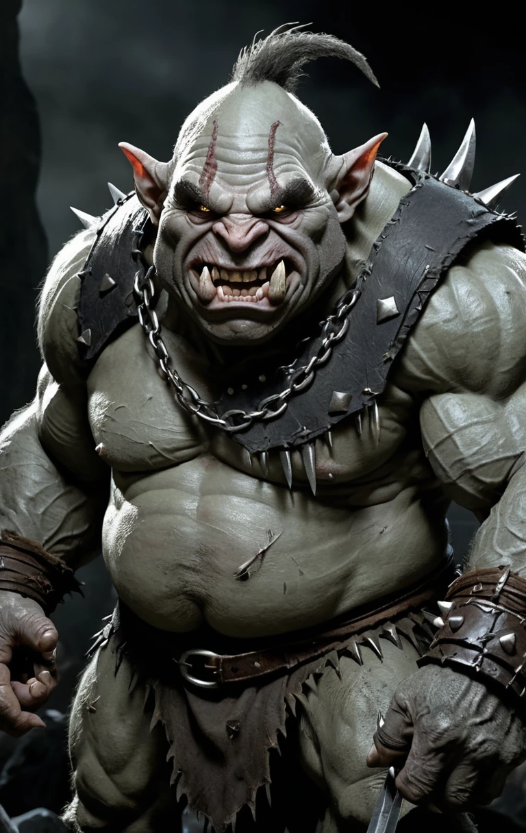 Troll chauve crasseux aux crocs dans un antre sombre et obscur