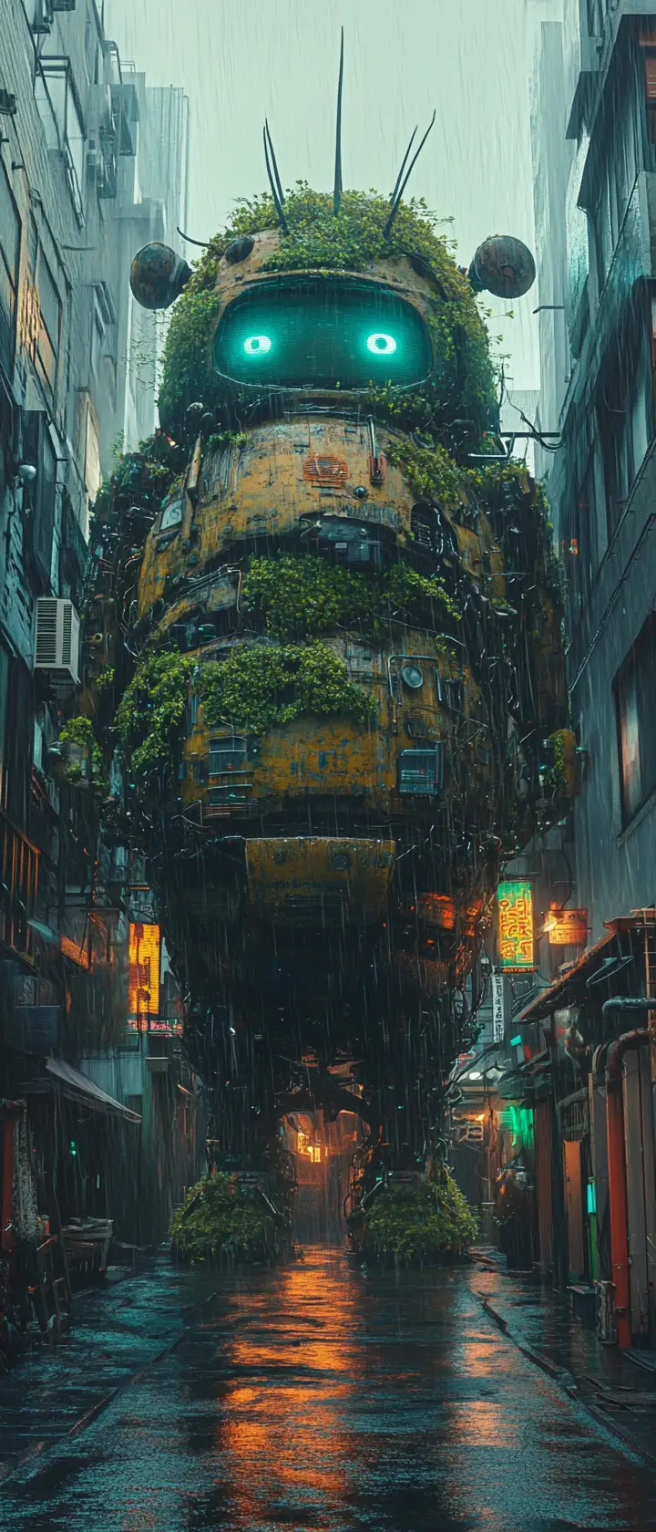 Forest spirit in a neon drenched cyberpunk robot cockpit