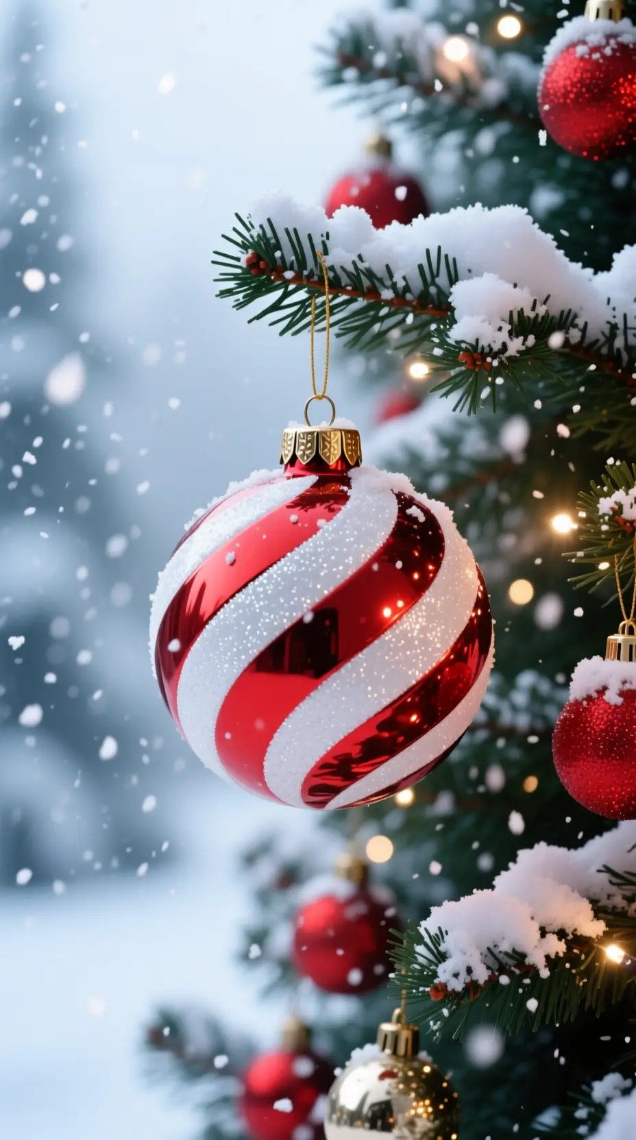 Red striped christmas ornament on snowy tree outdoors